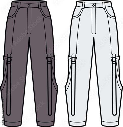 Cargo pants, high waist, utility pockets, fashion sketch, tapered leg, garment design, technical drawing, apparel illustration, cad drawing flat vector illustration