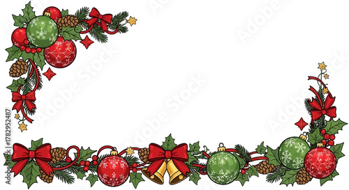 Festive Christmas Corner and Bottom Border with Holly, Baubles, and Bells; A Vibrant Holiday Decoration for Seasonal Cards and Invitations