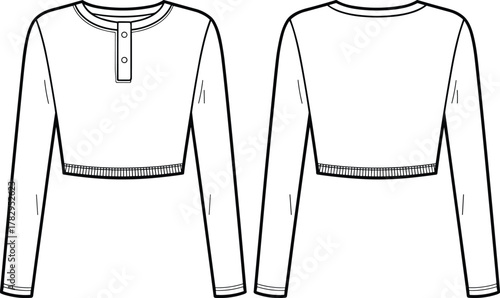 Cropped long sleeve top technical sketch front and back view, fashion cad drawing, garment vector template, clothing design outline, apparel illustration, cad drawing flat vector illustration
