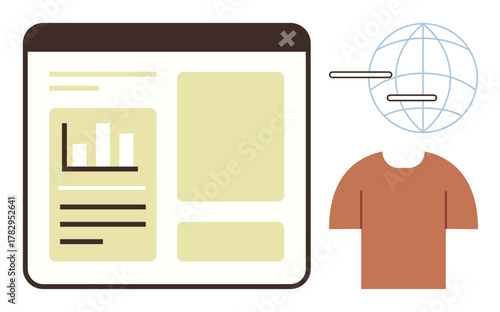 Browser window displaying data charts and global icon beside human form. Ideal for technology, analytics, online communication, business, education, software, marketing. Simple flat metaphor