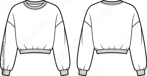 Cropped sweatshirt technical sketch front and back view, fashion cad drawing, garment vector template, clothing design outline, apparel illustration, cad drawing flat vector illustration