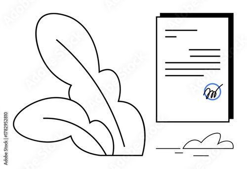 Document with signature, decorative abstract leaves, and subtle design details. Ideal for law, agreements, contracts, certification, documentation, minimal design simple flat metaphor