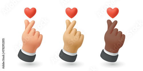Vector 3d Finger Heart Hand Gesture Set. Korean Finger Heart Illustration Showing Love and Appreciation. Cute Hand Gestures for Social Media, K-Pop, Messaging Design. 3d Vector Icons