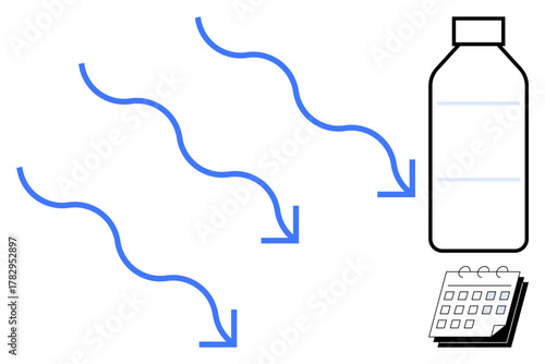 Blue arrows move towards a bottle, signifying flow, process, or transfer, alongside a calendar. Ideal for hydration, planning, scheduling, progress tracking efficiency time management simple flat