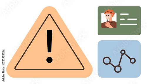 Caution triangle with exclamation mark, user ID badge, and data connection chart suggesting security risks, identity protection, data management. Ideal for warning, alert, online security, analytics