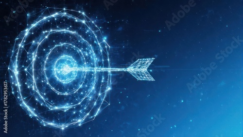 Digital Arrow Hitting Target Center, Futuristic Technology Concept.