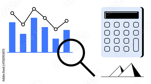 Bar chart and line graph, magnifying glass, and calculator alongside simple triangle shapes. Ideal for analytics, finance, accounting, research, education, problem-solving calculation tools simple