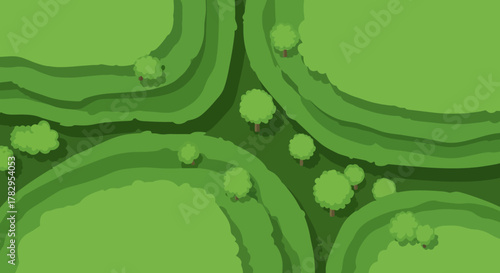 Aerial view of a green landscape with trees and roads.