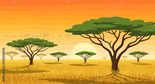 African Acacia Trees in a Savannah Landscape at Sunset.