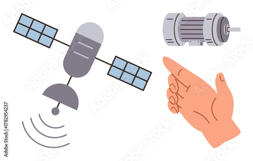Satellite relaying signals, an industrial motor, and an open hand conveying communication, engineering, energy, technology, space exploration, and innovation. Ideal for science tech education
