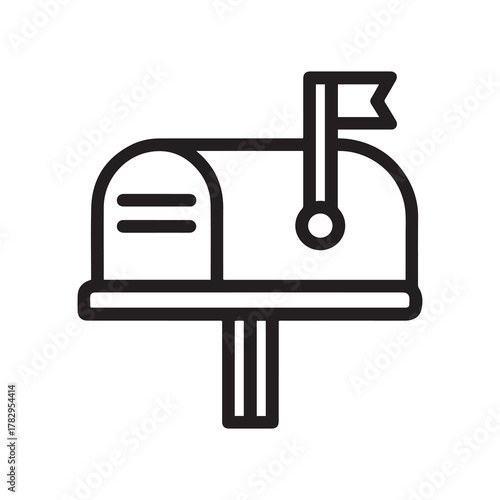 Black and White Mailbox Icon with Flag Raised Outline Style