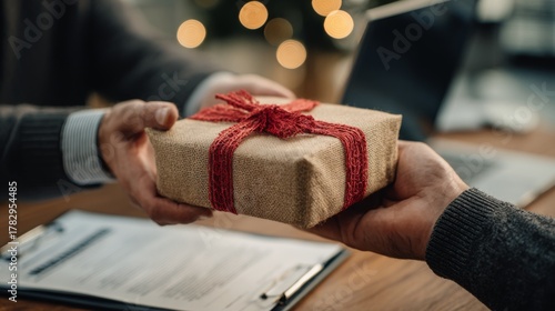 Gift exchange occurs during a festive gathering in a cozy office environment with soft holiday lighting