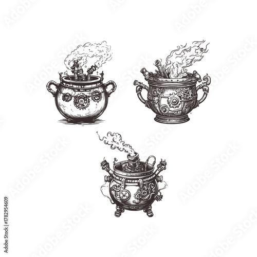 engraving illustration of a mystical cauldron or witch's pot infused with intricate steampunk mechanical elements