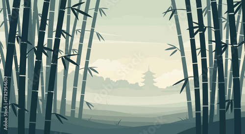 Bamboo Forest Illustration with Asian Temple in the Distance.