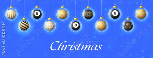 Billiard Christmas and New Year greeting banner. Merry Christmas golden greeting card with glass xmas ball as a bauble on blue background. Vector illustration sport modern banner