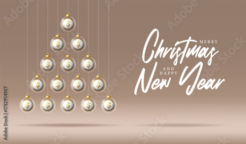 Money Christmas tree and New Year greeting banner. Merry Christmas golden greeting card with glass xmas ball as a bauble on beige background. Vector illustration
