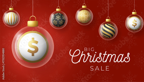 Money Christmas and New Year greeting banner. Merry Christmas golden greeting card with glass xmas ball as a bauble on red background. Vector illustration