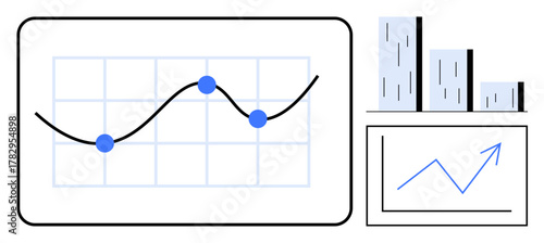 Line graph with plotted points, bar chart, and upward trend line in minimalist design. Ideal for analytics, statistics, financial planning, growth tracking, business strategy, presentations simple