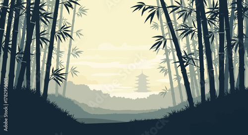 Bamboo Forest Silhouette - Serene Asian Landscape with Towering Stalks.