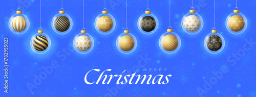 Billiard Christmas and New Year greeting banner. Merry Christmas golden greeting card with glass xmas ball as a bauble on blue background. Vector illustration sport modern banner