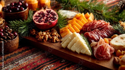 Festive cheese and charcuterie board with fruits and nuts for a holiday gathering