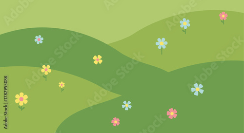 Cartoon Landscape with Flowers - A Cheerful and Whimsical Scene.