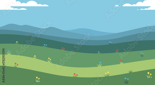 Cartoon Landscape with Rolling Hills and Scattered Flowers.