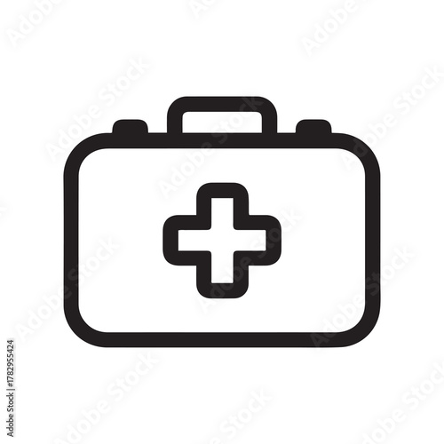 Black outline first aid kit with white cross medical supply icon