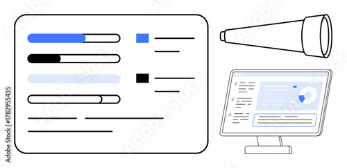 Data progress bars, a telescope, and a monitor display dashboard analytics for exploring, strategy, and goals. Ideal for research, business planning, productivity, assessment vision and future