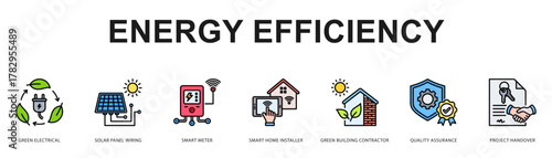 Energy Efficiency Modern and clean web banner illustration featuring thematic icons for visual communication