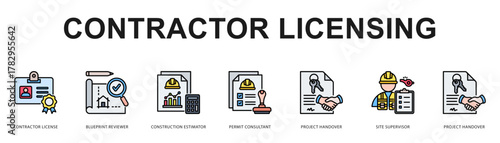 Contractor Licensing Modern and clean web banner illustration featuring thematic icons for visual communication