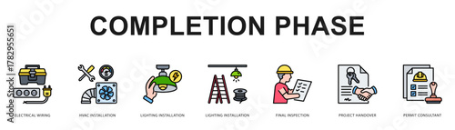 Completion Phase Modern and clean web banner illustration featuring thematic icons for visual communication