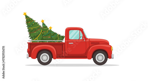 Red pickup truck carrying christmas trees decorated with lights and star toppers, celebrating the holiday season