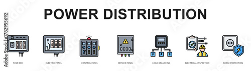Power Distribution Modern and clean web banner illustration featuring thematic icons for visual communication