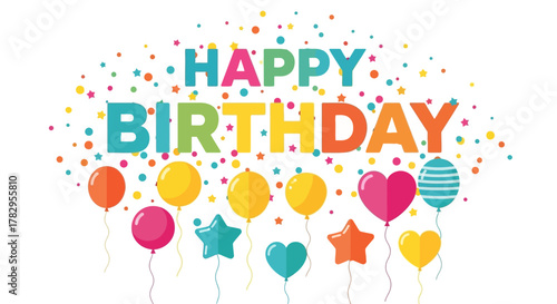 Happy Birthday Celebration with Colorful Balloons and Confetti Illustration