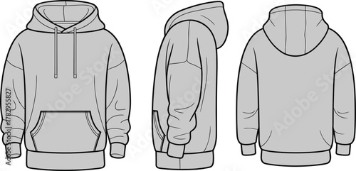 Hoodie technical sketch front side back view, fashion cad drawing, garment vector template, clothing design outline, apparel illustration, cad drawing flat vector illustration