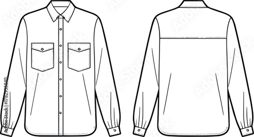 Long sleeve button-up shirt flat sketch, front and back views with flap pockets and cuffs, CAD drawing, vector fashion illustration for apparel