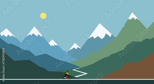 Cyclist on a winding road through a mountain landscape illustration.