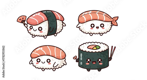 Cute cartoon sushi characters salmon shrimp and maki rolls on transparent background