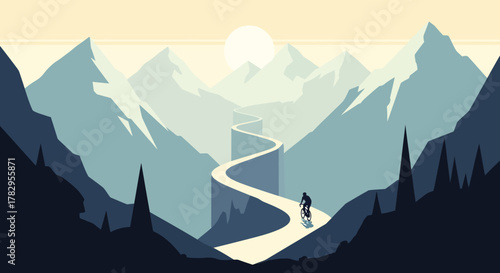 Cyclist on Winding Mountain Road - Adventure and Serenity in Nature.