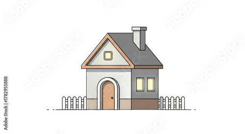 Cartoon house illustration with fence and chimney isolated on transparent background