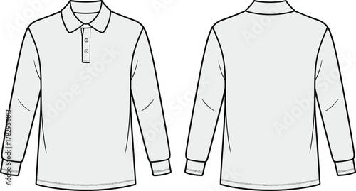 Long sleeve polo shirt fashion sketch, classic collar top design, three button placket template, apparel vector outline, cad drawing flat vector illustration