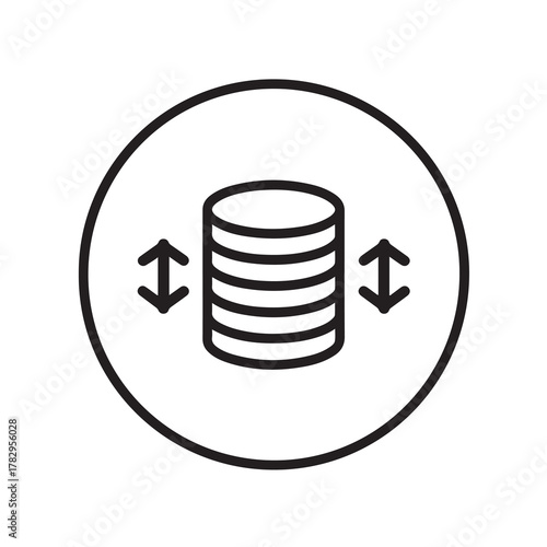 Database Compression Icon with Arrows Inside Circle, Isolated on White