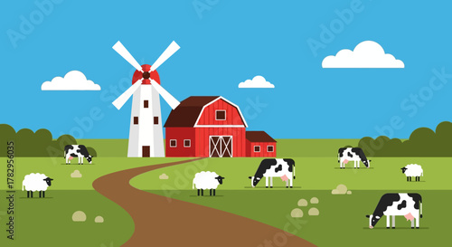 Farm Scene with Barn, Windmill, Cows, and Sheep in a Green Field.