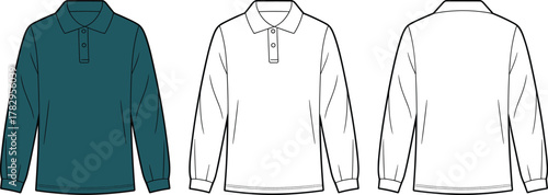 Long sleeve polo shirt front and back view, fashion flat sketch, garment technical drawing, vector apparel template, cad drawing flat vector illustration