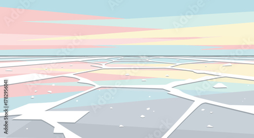 Frozen Lake Landscape with Pastel Sky and Geometric Ice Patterns.