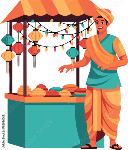 Vector illustration of Indian street vendor selling colorful powders and decorative items for Holi and Diwali festivals