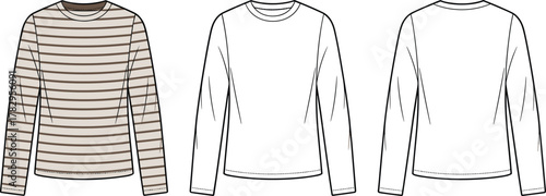 Long sleeve shirt technical sketch, striped and plain design, front and back view, fashion garment template, cad drawing flat vector illustration