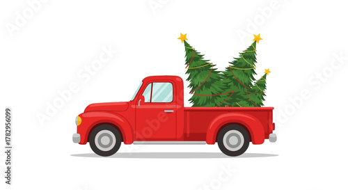 Festive red vintage truck carrying decorated Christmas trees, ideal for holiday season greetings and winter celebrations