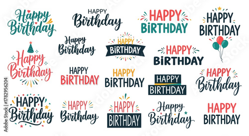 A versatile collection of Happy Birthday typographic designs and lettering styles for greeting cards and celebrations